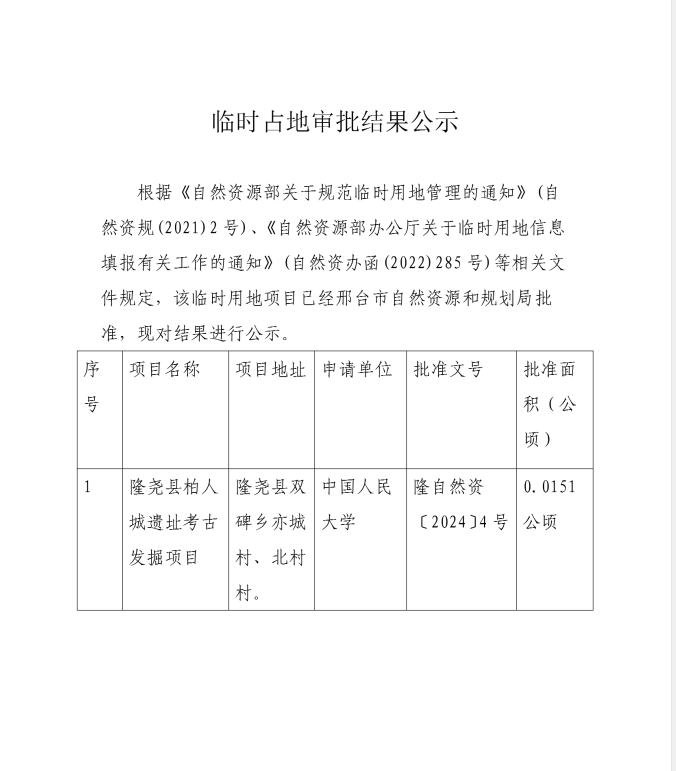 临时占地审批结果公示（隆尧县柏人城遗址考古发掘项目）.png
